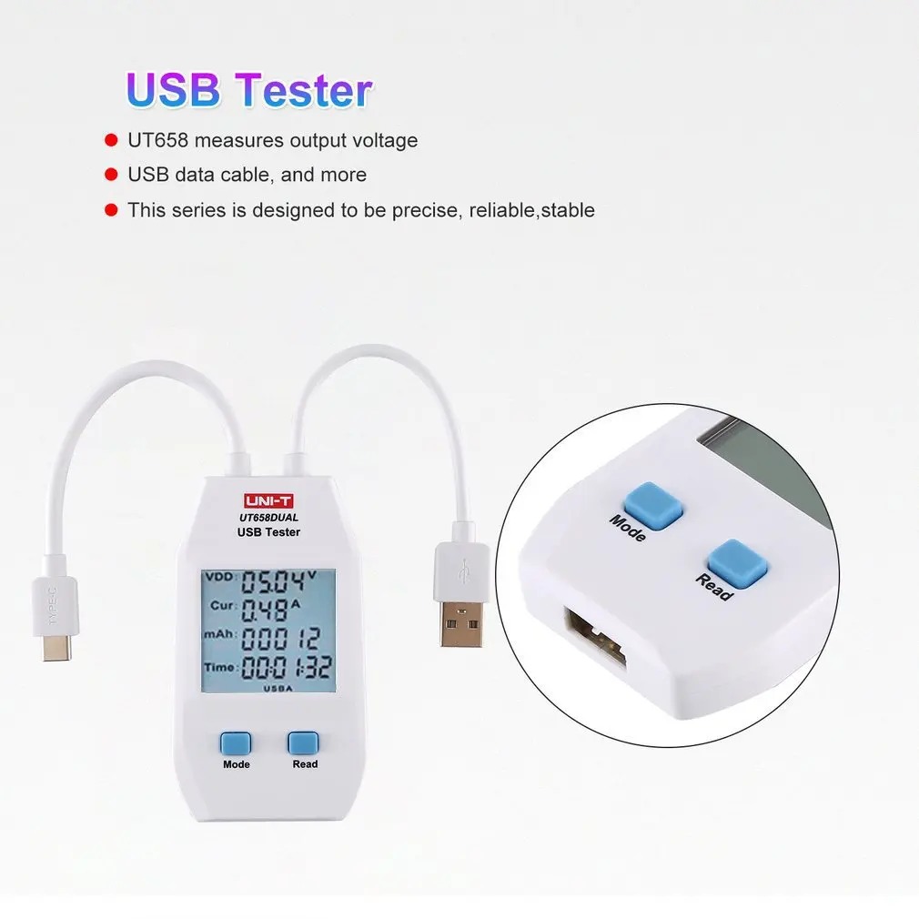 

UNI-T UT658DUAL USB тестер напряжения и тока мониторы вольт амперы цифровой продукт зарядное устройство измеритель емкости с хранилищем данных