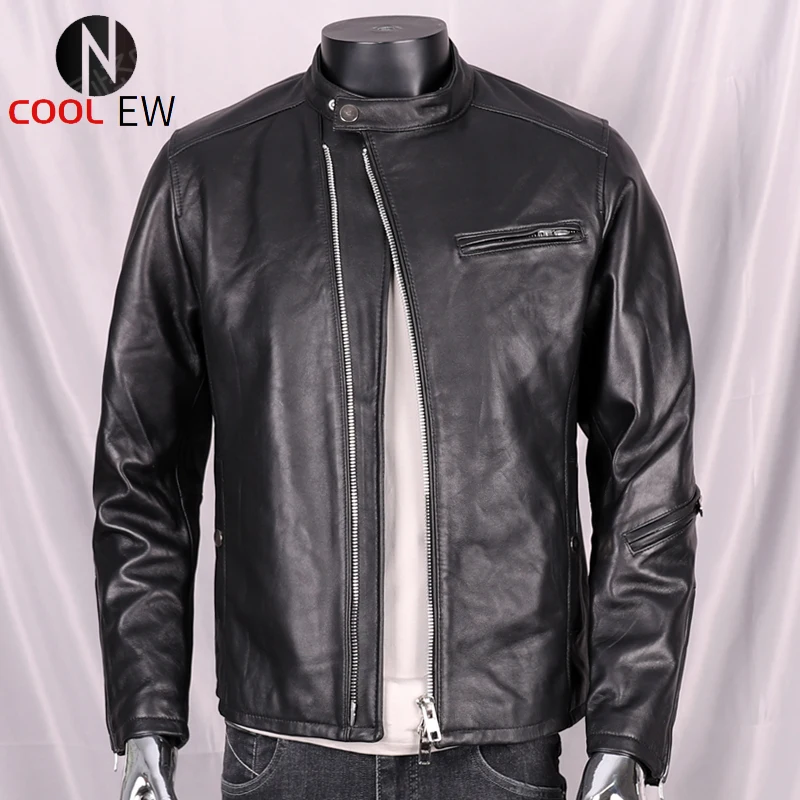 

Мужская приталенная куртка из натуральной кожи, черная мотоциклетная куртка с воротником-стойкой, тонкая овечья кожа, модель 4XL на весну, 2021