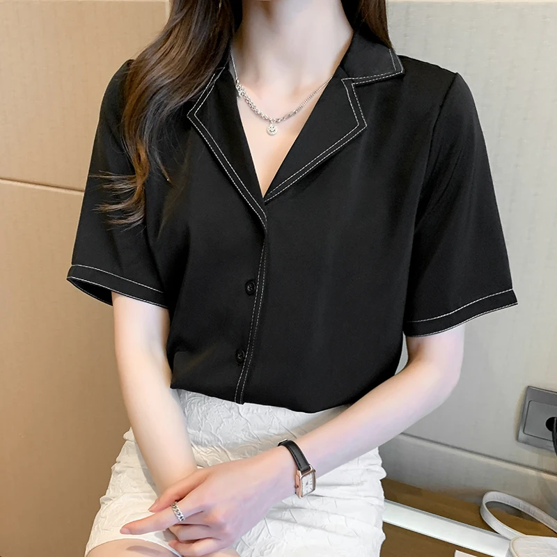 

France summer The New Womens Tops and BlousesShort sleeve Blouse Button Solid Tops Women Shirts 2021