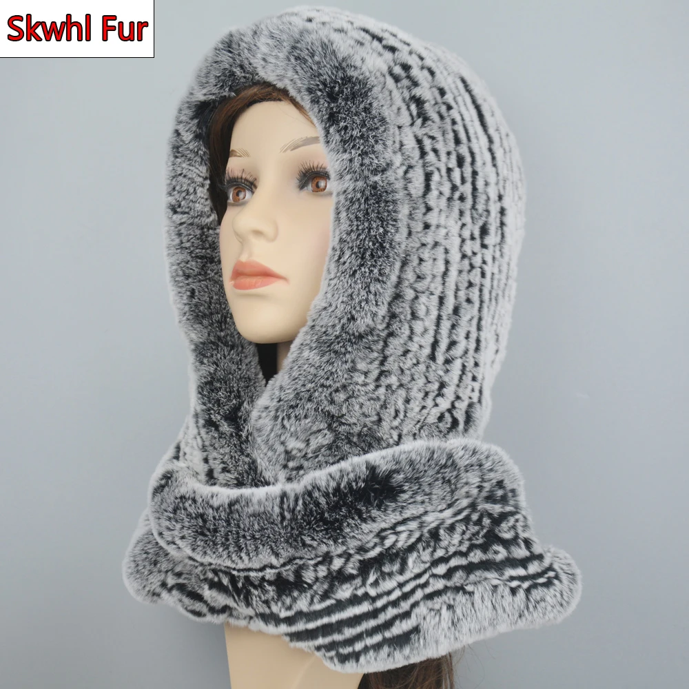 

2021 New Winter Women Real Fur Hat+Scarves Female Knitted Natural Rex Rabbit Fur Hooded Scarves Warm Knit Genuine Fur Caps Scarf