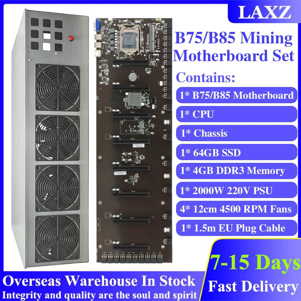 

Комплект материнской платы B75 B85 для майнинга, шасси для 8 GPU с процессором Celeron 4 Гб DDR3 64 Гб SSD 2000 Вт 220 В PSU 1,5 m штепсельная вилка европейского ст...