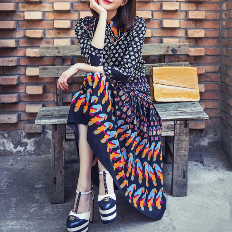 

2021 Fashion Designer Dress Runway New Flowers Printed Single Breasted Women Vintage Elegant Dresses