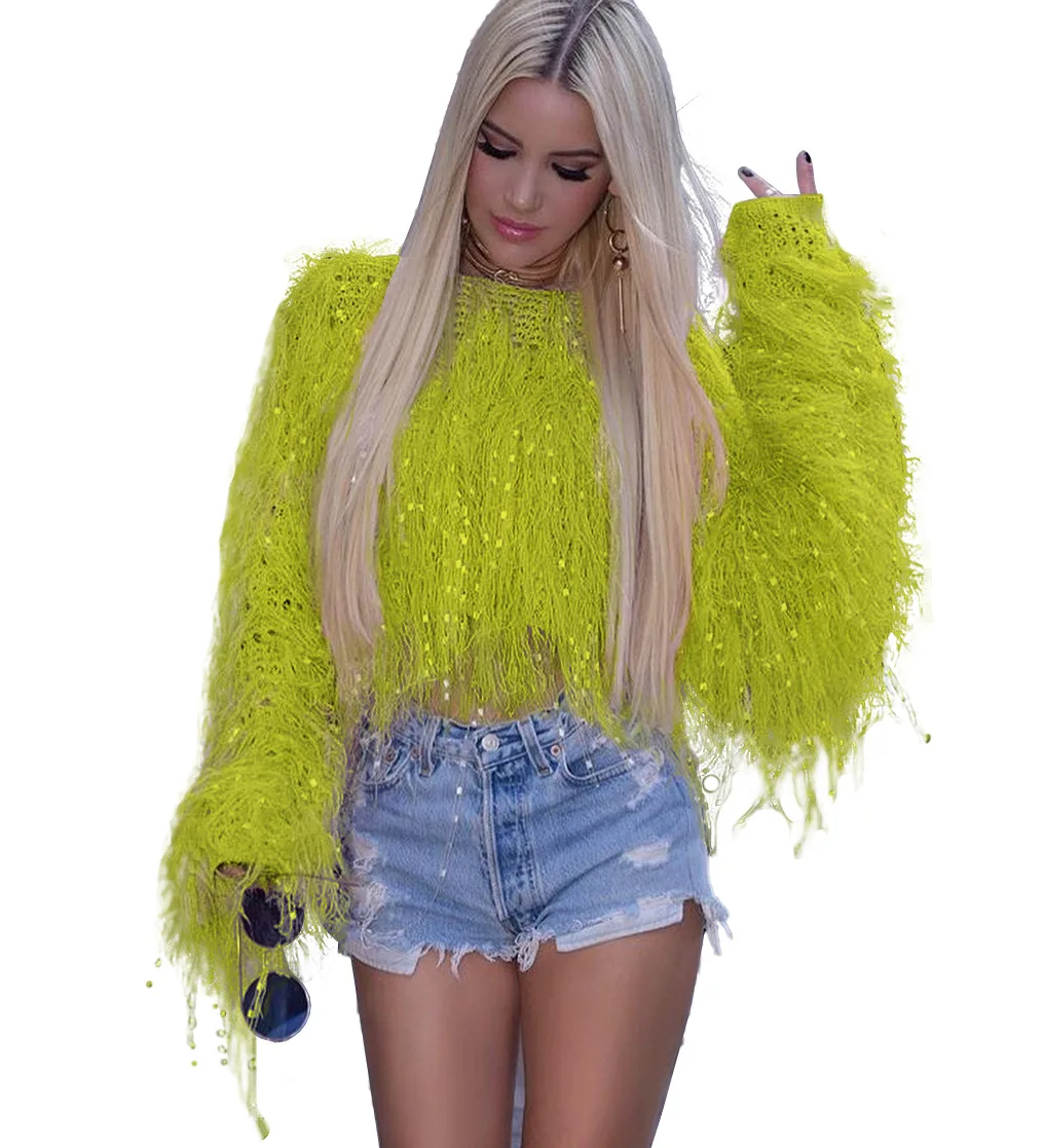 Neon Yellow BOOFEENAA модный вязаный свитер с бахромой, женский укороченный пуловер большого размера, сексуальные женские зимние топы, однотонный неоновый джемпер, C48-AI33 - Цвет: Neon Yellow