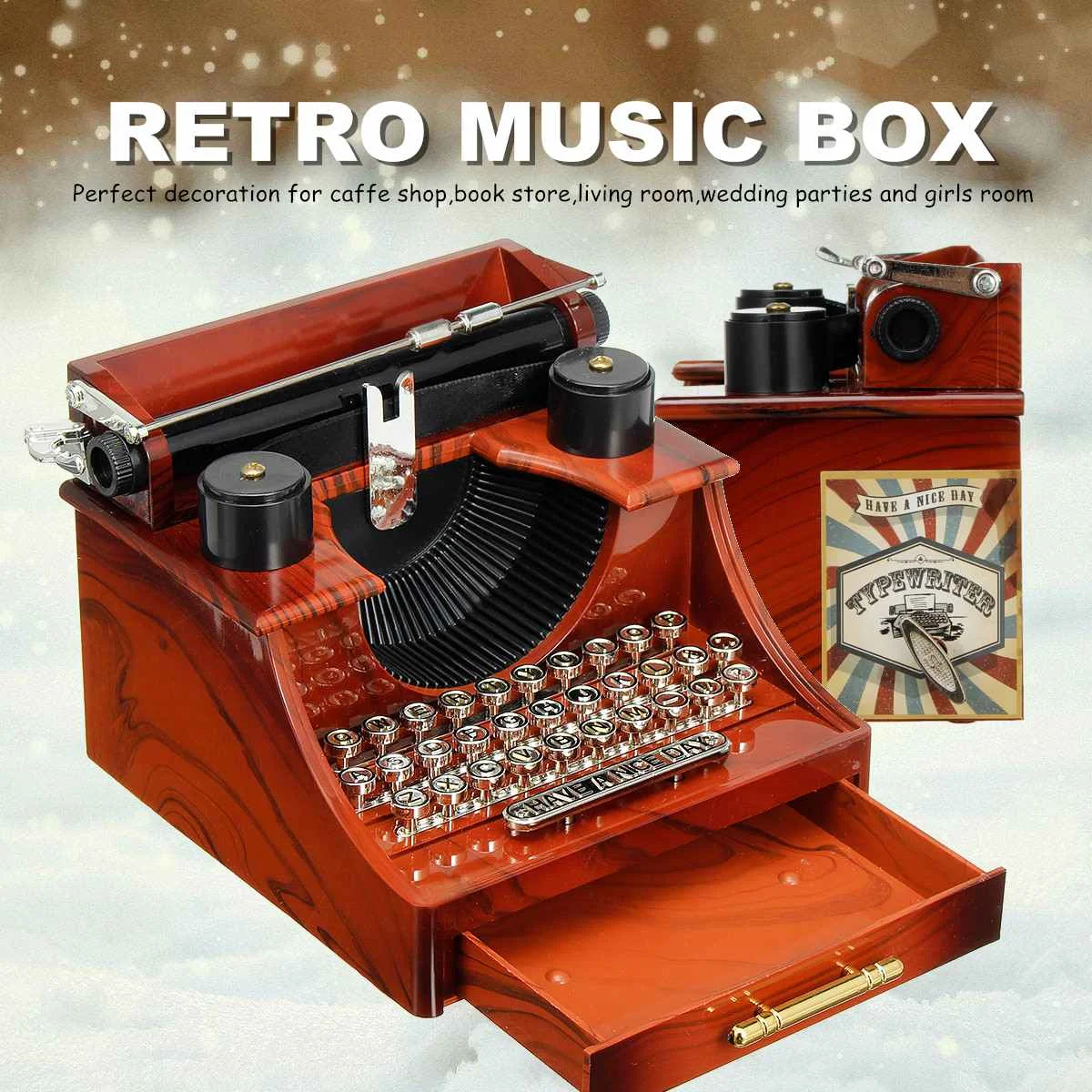 Retro Typewriter Classic Rotating Music Box Sewing Machine Phonograph Jewelry Music Box