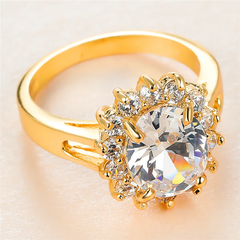 

Luxury Female White Crystal Stone Ring Charm Gold Color Flower Wedding Rings For Women Promise Big Oval Zircon Engagement Ring