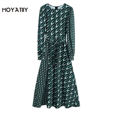 Moyatiiy feminino 2022 moda vestido de impressão verde com slash retro retalhos padrão volta zíper vestidos manga longa feminino (1)