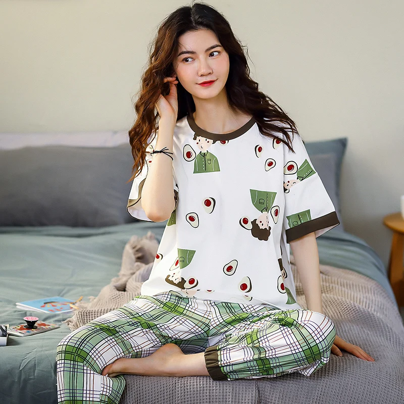 

Summer Short Sleeve Pajamas For Women Fashion Green Plaid Shorts Homewear Leisure Cotton Round Neck Cute Avocado Women Sleepwear