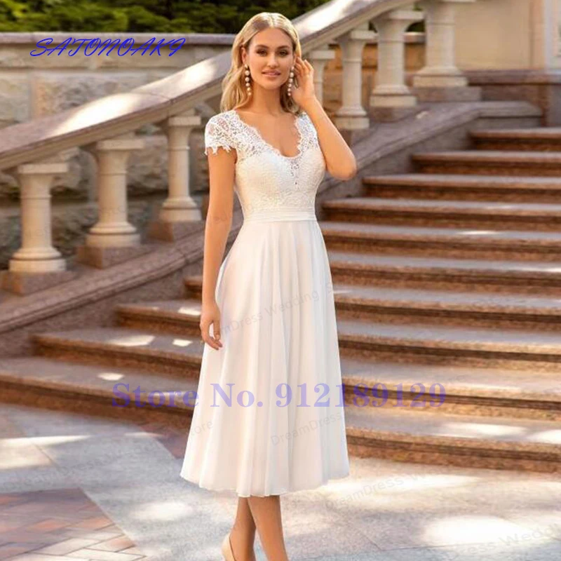 

Vestidos De Novia Short V-Neck Wedding Dress 2021 Cap Sleeve A-Line Tea Length Lace Appliques Bridal Gown Robe Mariee Sukienka