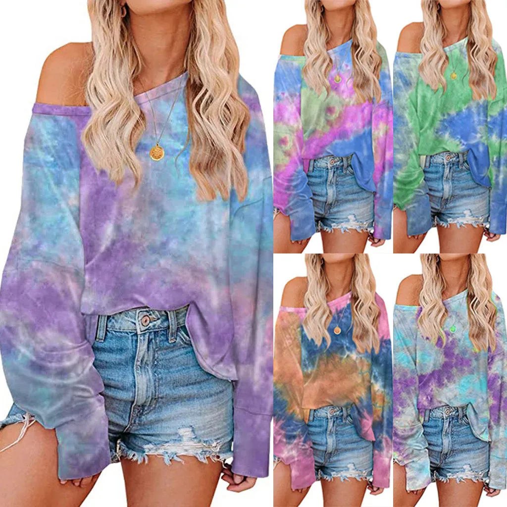 

Hoodies Women Tie-dye O-neck Gradient Contrast Color Long Sleeve Top Pullover Sweatshirt New Moletom Sudaderas