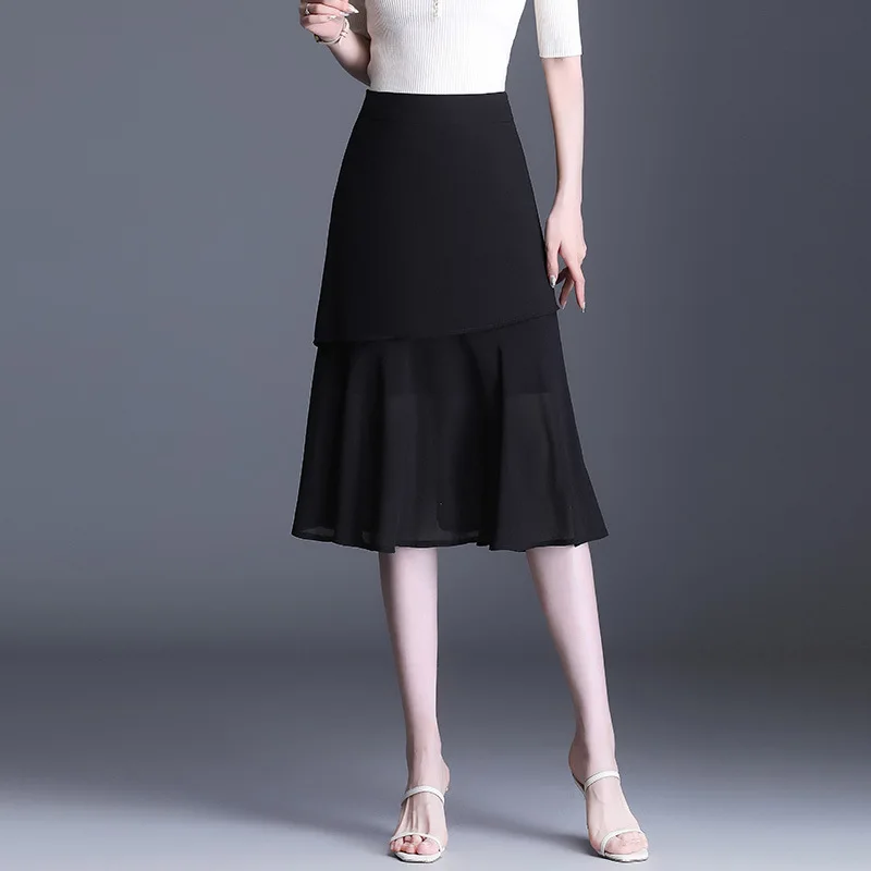 

2021 Summer New Women Fashion Splice Ruffles High Waist Black Mid-long Skrits Office Lady Elegant Slim Casual 9680