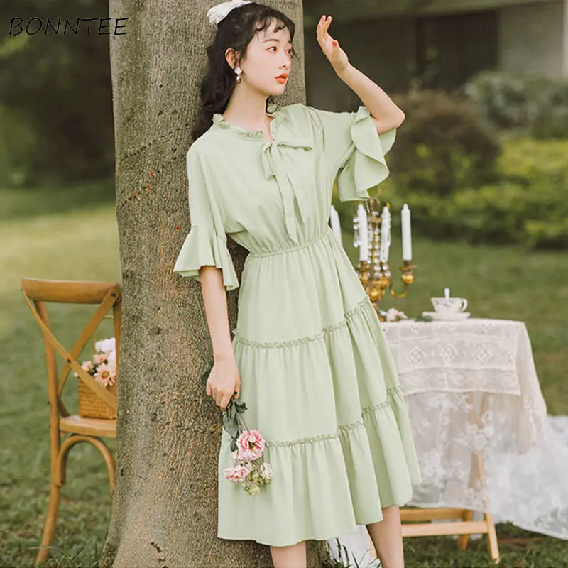 

Short Butterfly Sleeve Solid Loose Bow Mid-calf Women Dress Elegant Fashion Sweet French Trendy Style Slim Fit Temperamental