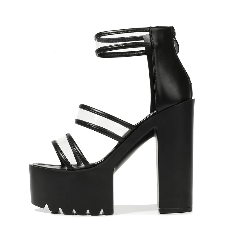 

Muffin dance thick heel fish mouth 15cm new spring summer sky high transparent ultra-high heel one word sandals