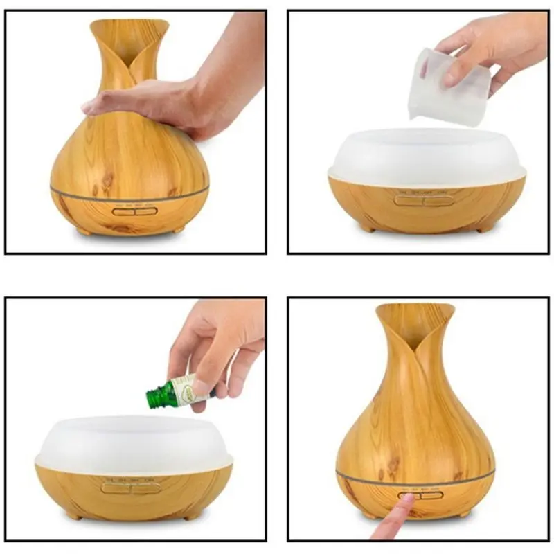 

400ml Wood Grain Ultrasonic Essential Oil Diffuser Light AU US UK EU Aroma Aromatherapy Fine Fog Humidifier Anti Slip Base Room