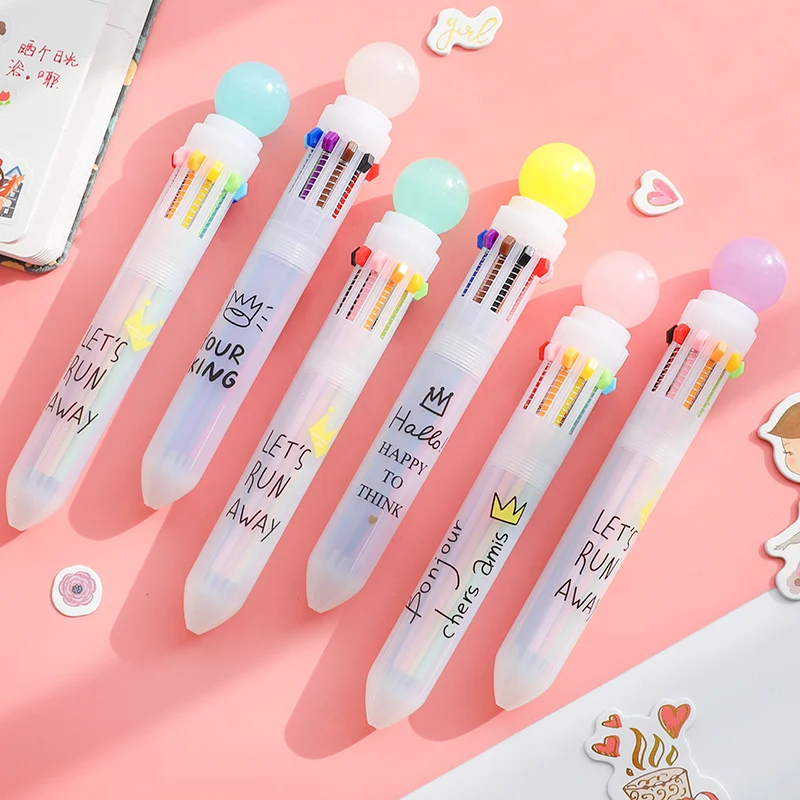 

Разноцветная шариковая ручка в Корейском стиле, цветная шариковая ручка с цветным нажимом, 10 цветов, с мультяшным изображением милого сердц...