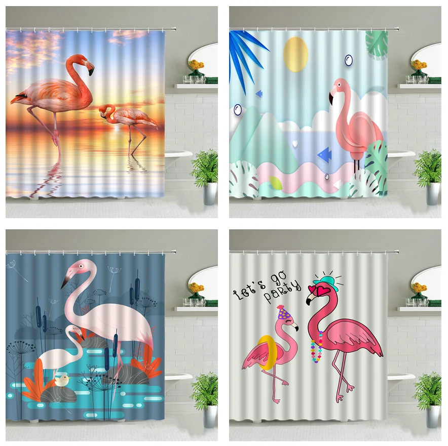 

Flamingo Bathroom Curtains Green Leaf Waterproof Polyester Nordic Home Decoration Bath Room Shower Decor With Hooks
