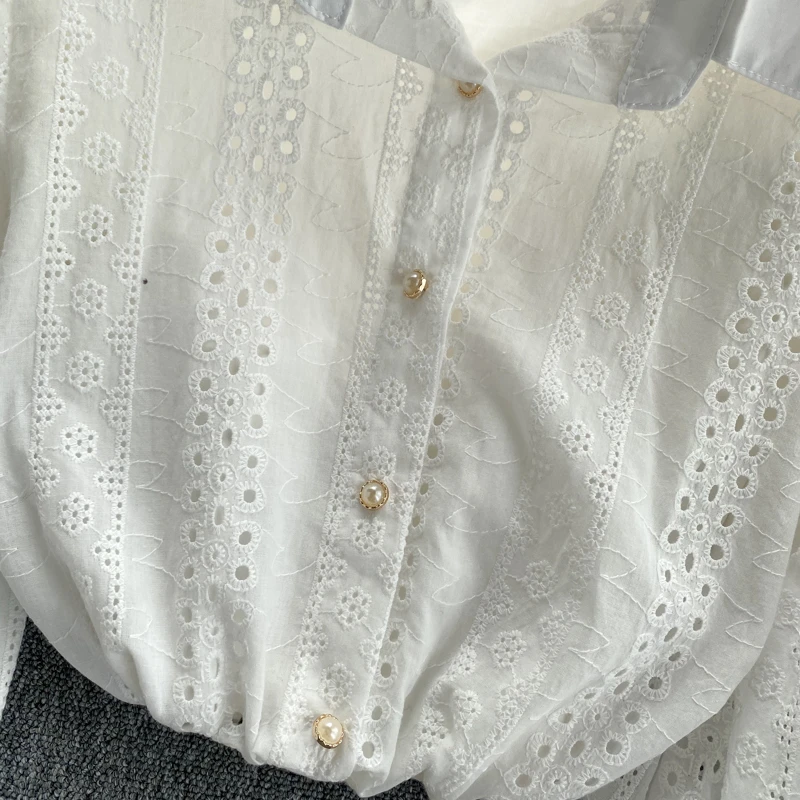 

White Shirt Lapel Collar Lantern Sleeve Women Blouse Elegant Lady Hollow Out Embroidery Lace Shirt Female Tops Blusas
