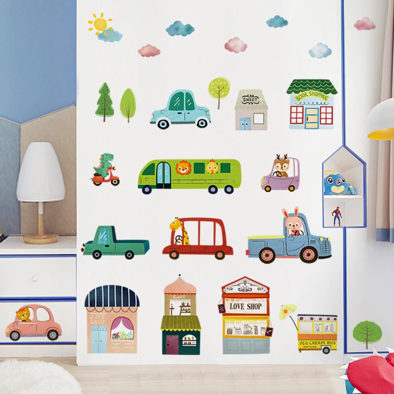 

Cartoon Car Wall Sticker for Kids Room Bedroom Nursery Home Decor Wall Decal Baby House Mural Poster Vinyl Wallpaper 2021 New