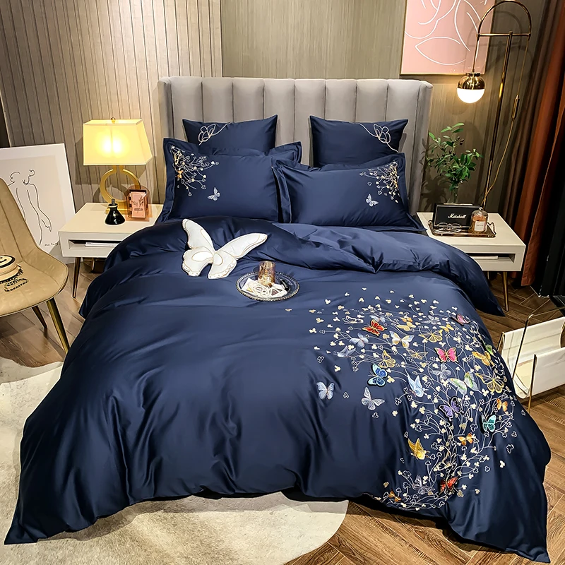 

600TC Egyptian Cotton Embroidery Three-dimensional Butterfly Bedding Set Duvet Cover Pillowcase Flat Sheet Queen King #sw
