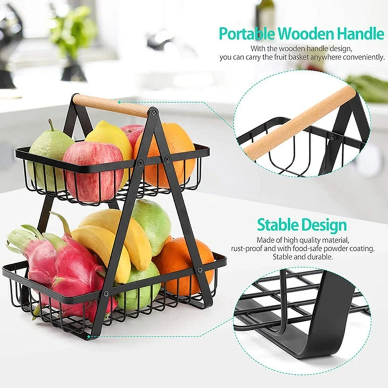 

2-уровневая металлическая корзина для фруктов, портативная кухонная столешница для хранения, полка для фруктов, овощей, домашняя