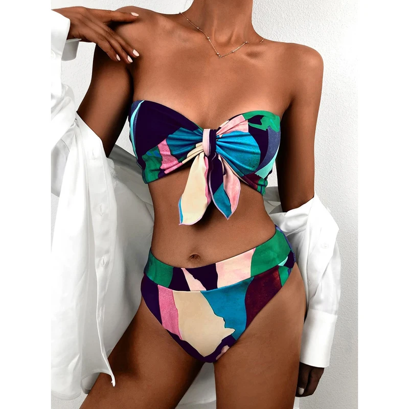 

Brazilian High Waist Bikini 2021 Bandeau Knot Swimsuit Colorblock Print Swimwear Women Sexy Push Bathing Suit Beachwear