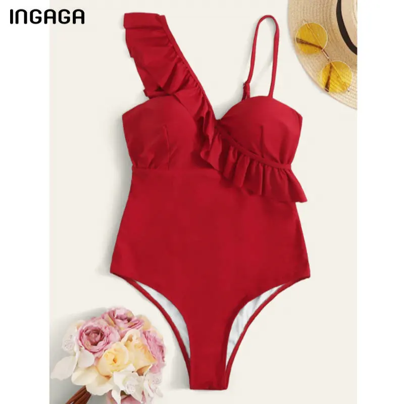 

INGAGA Ruffled Swimwear Women 2021 Solid Swimsuit One Piece Push Up Bodysuits High Cut Beach Wear Sexy Bathing Suits Summer