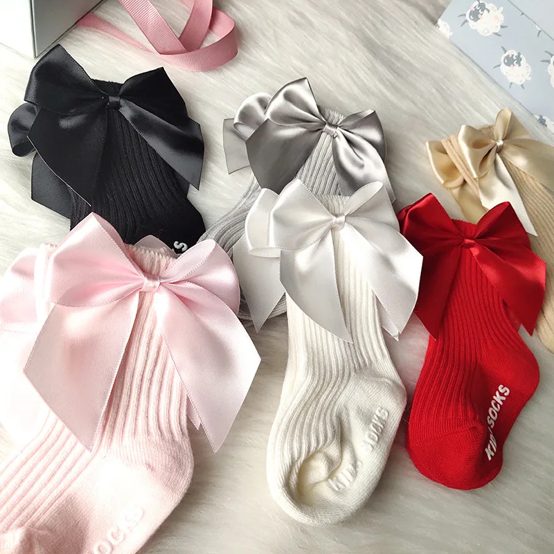 

Autumn Kids Cotton Socks Baby Anti-Slip Medium Tube Socks with Bowknot for Spring Red/Light Gray/Khaki/Pink/White/Black