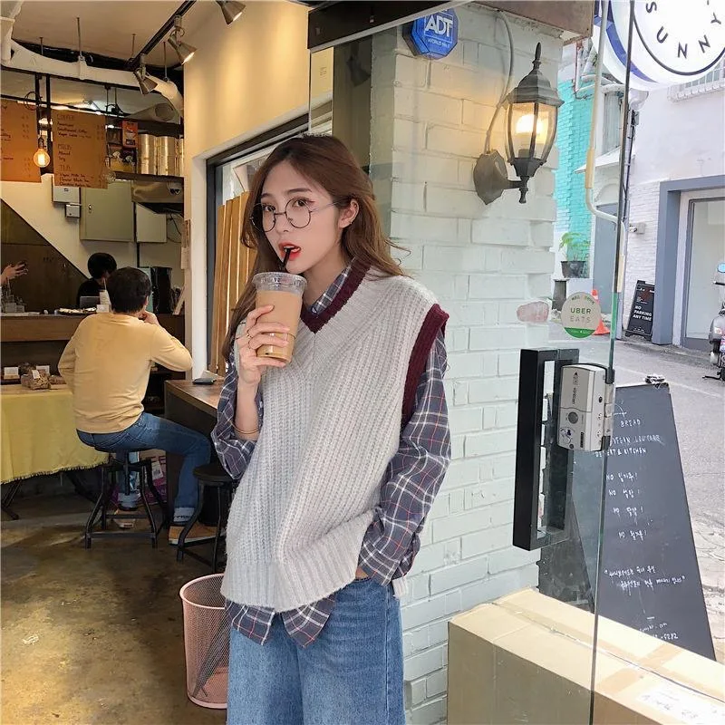 

Winter Solid Sweater Vest Women Sleeveless Jumper Cropped Knitted Jacket Coat Tank Top Waistcoat V-necked Loose Oversized p29
