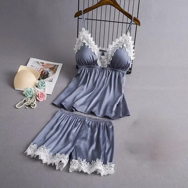 Gray 2PCS Женское сексуальное кружевное кимоно, халат, атласное однотонное платье для свадьбы, невесты, подружек невесты, ночная рубашка, кружевное вискозное Женское ночное белье, пижама - Цвет: Gray 2PCS