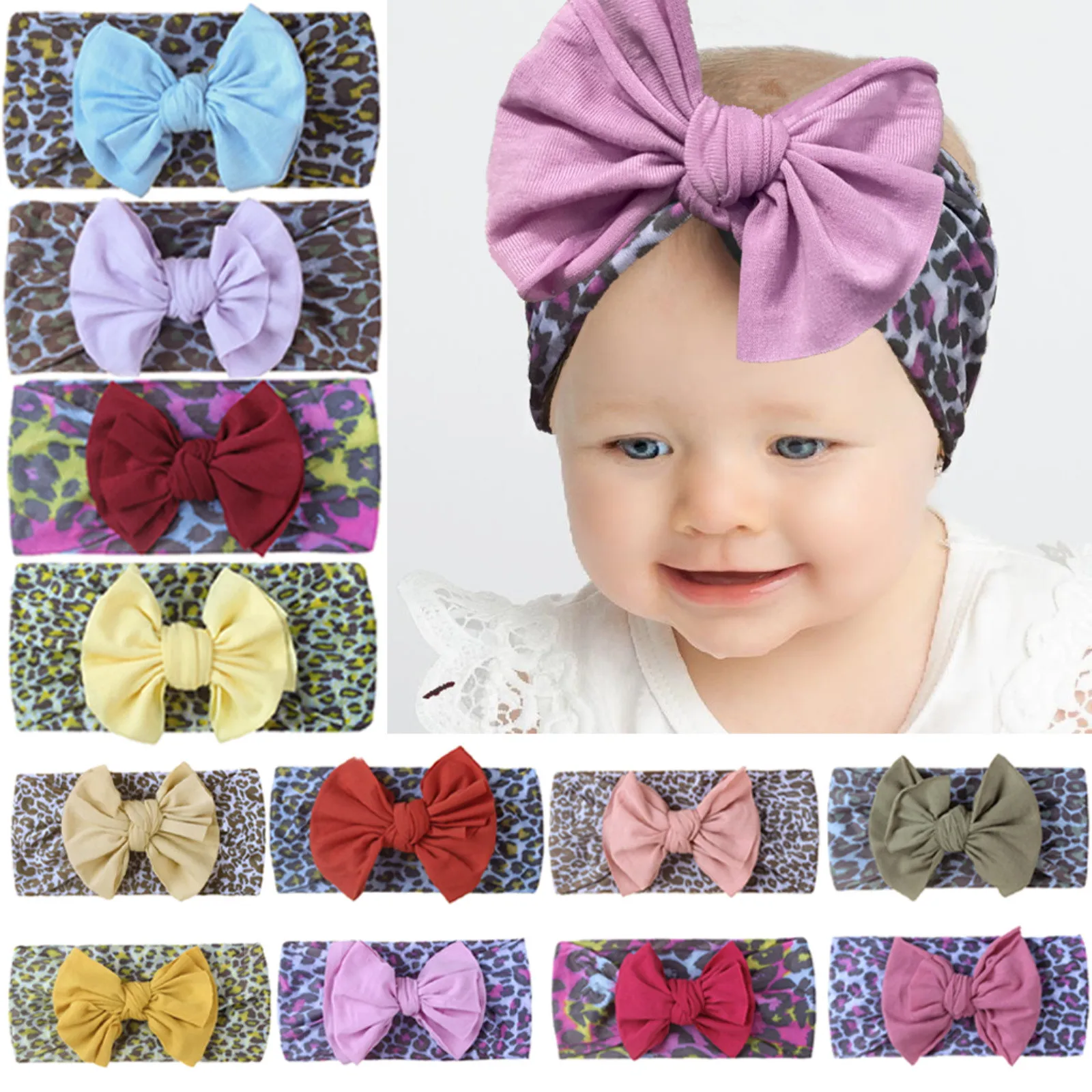 

New Elastic Printed Flower Kids Headband Toddler Newborn Baby Girls Leopard Print Stretch Hairband HeadwearGifts Photo Props