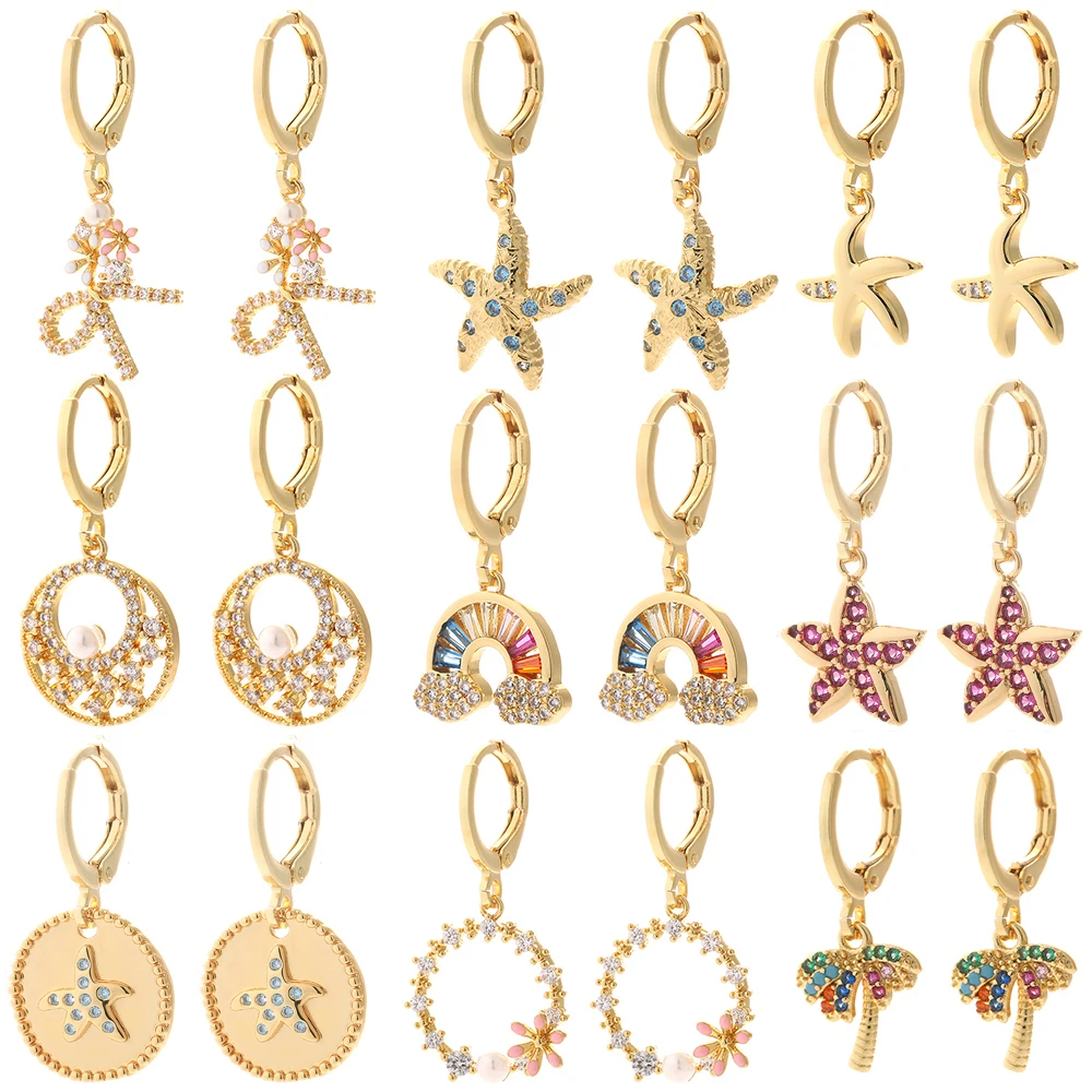 

Rainbow Hoop Earrings Cubic Zircon Animals Plant Dangle Earrings Gold Star Tree Ear Rings for Female CZ Party Korean Fashion
