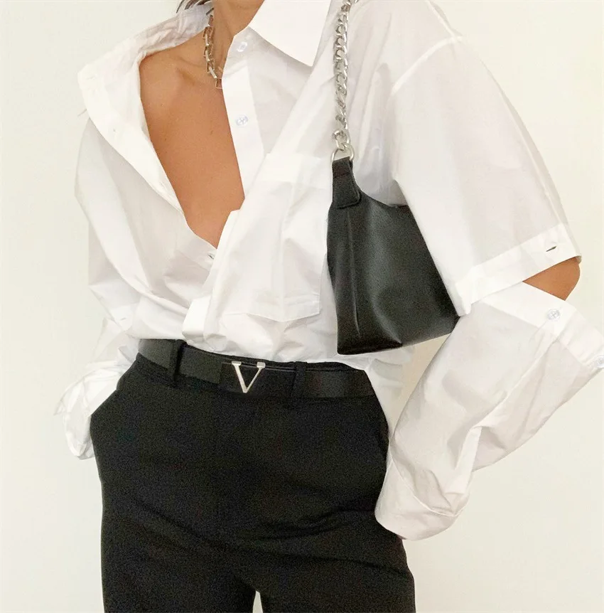 

2021 New Spring White Split Blouse White Office Hollow Out Shirts AR Women Design Clothing Removable Tops Vintage Causal Streetw