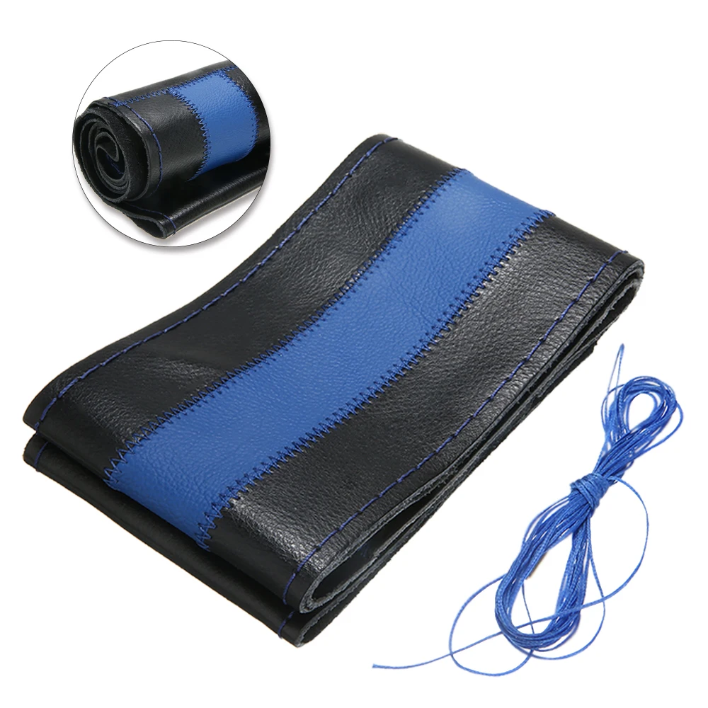 1PC Black+Blue DIY Car Steering Wheel Cover Genuine Leather Covering 38cm W/ Needles Thread For Auto Decorative Accessories | Автомобили и