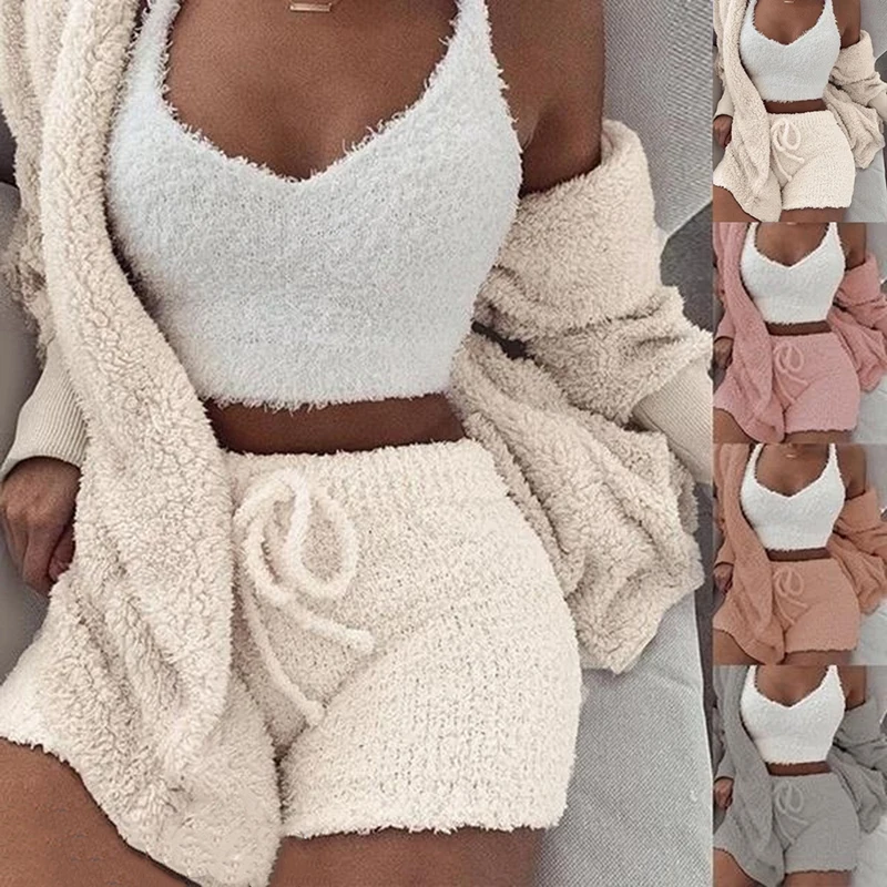 

3PCS/Sets Sexy Fluffy Suits Hooded Coral Velvet Plush Coat+Shorts+Crop Top Women Tracksuit Casual Sports Overalls Sweatshirts