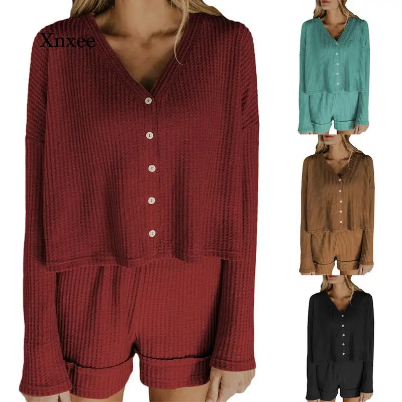 

2021 Pajamas Women's Spring and Summer Long-Sleeved 2-Piece Shorts Pajamas Casual Women's Home Service New