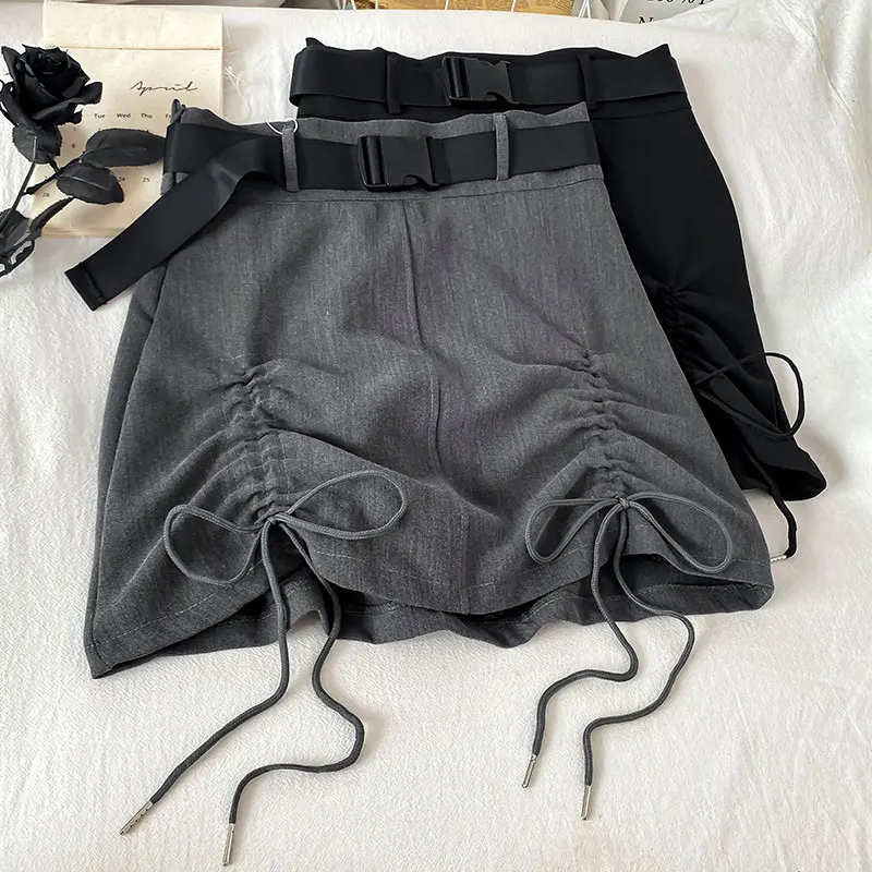 Summer Drawstring Party Skirt Women Lace Up A-line Skirt 2021 Casual Sexy Street Style Solid High Waist Mini Skirts with Belt