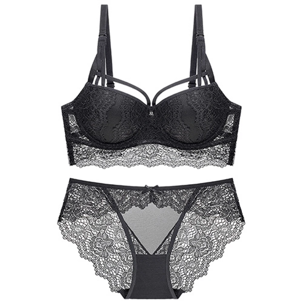 

NHKDSASA Women's Push Up Sexy Bras Set Transparent Lingerie Lace Underwear Set 2pcs Erotic Bralette Female Brassiere 80B 85C