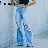 women ripped wide legs jeans streetwear female high waist baggy straight leg pants casual solid hole boyfriend denim trousers