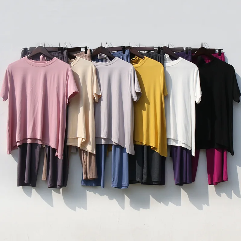 

Summer Home Casual Clothes Modal O Neck Short Sleeve Two Piece Set Crop Top And Pants Drawstring 2 Piece Women Set Outfits 205