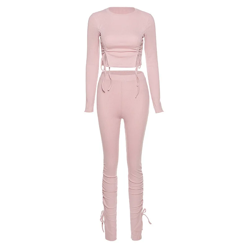 

Mandylandy Spring Solid Color Slim Fit Sports Suit Women's High Waist Lace-up Pencil Pants + Long Sleeve O-neck Short Top Suit