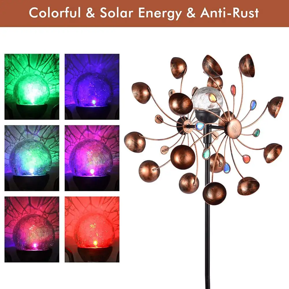 Online Spinner Angin Bertenaga Surya Logam Dengan Lampu LED Multi-warna Taman Kincir Angin Tiang Halaman Rumput Seni Dekorasi Ornamen Lanskap Panas