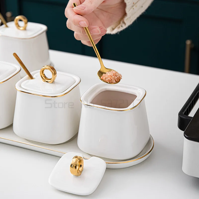 

Household Salt Shaker Seasoning Box White Gold Ceramic Seasoning Jar with Lid Kitchen Cooking Seasoning Tool Storage Container