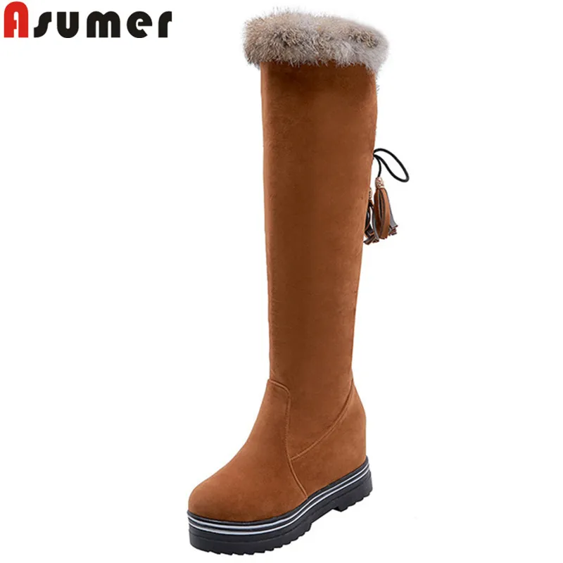 Женские сапоги выше колена из флока ASUMER с круглым носком на платформе большой