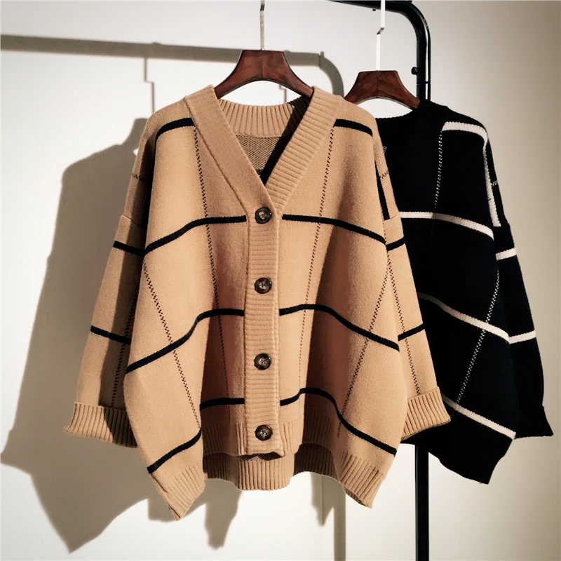 

Женский трикотажный свитер в клетку, Свободный Повседневный Кардиган оверсайз в Корейском стиле, 2021