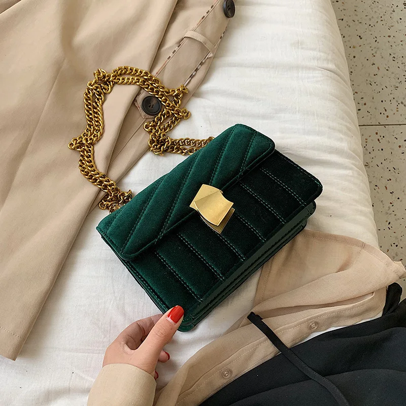 Luxury women clutch bag high quality velvet chain female designer shoulder Messenger bag evening package party small square bags - Цвет: Зеленый