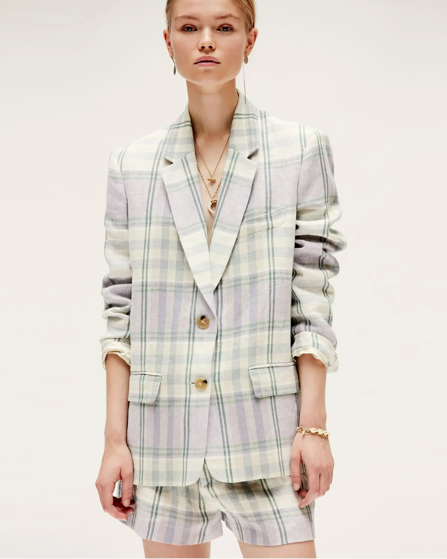 Women Coat 2021 Early Autumn Linen Plaid Long-sleeved Suit Jacket Women Loose Casual All-match Small Suit