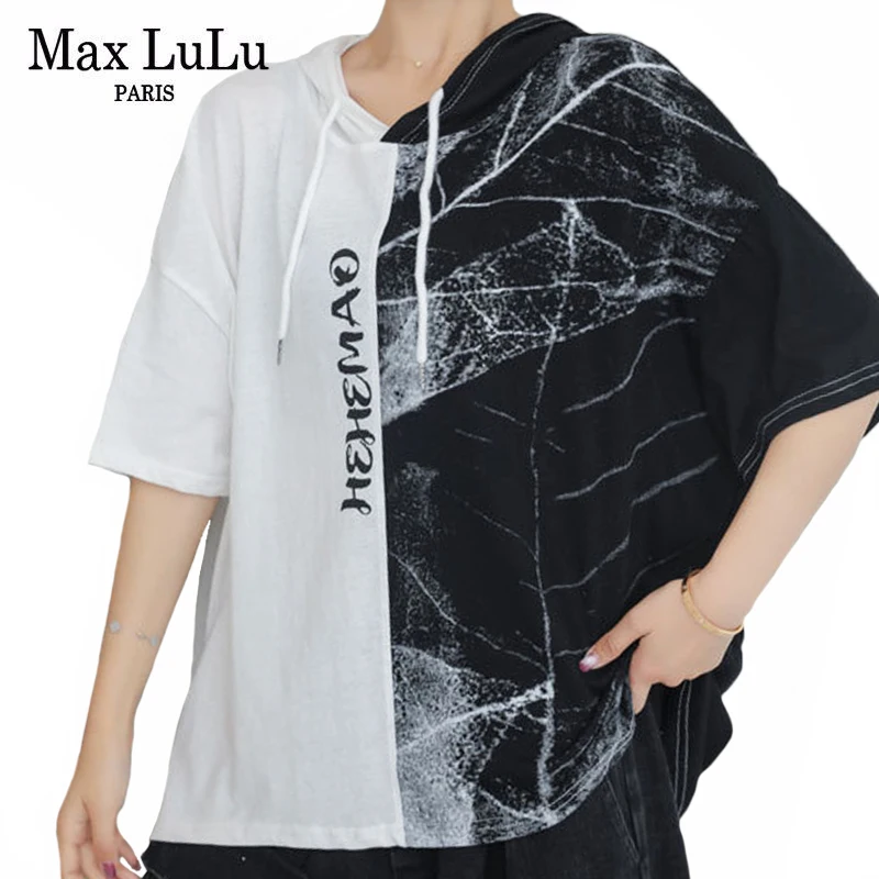 

Футболка Max LuLu женская с капюшоном, повседневный топ в европейском уличном стиле, в стиле пэчворк, черная белая, размера плюс, лето 2021