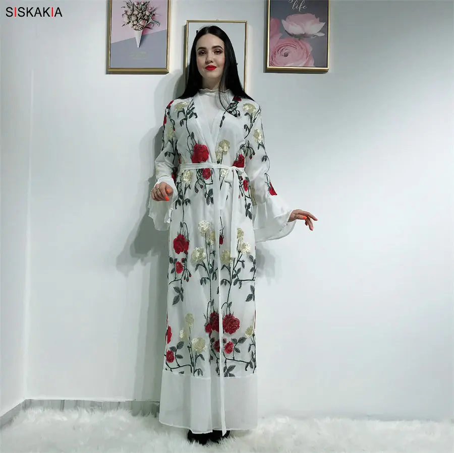 Siskakia роскошное кружевное платье абайя с вышивкой, модное платье с расклешенными рукавами, Дубай, кардиган, халаты, лето, Исламская одежда