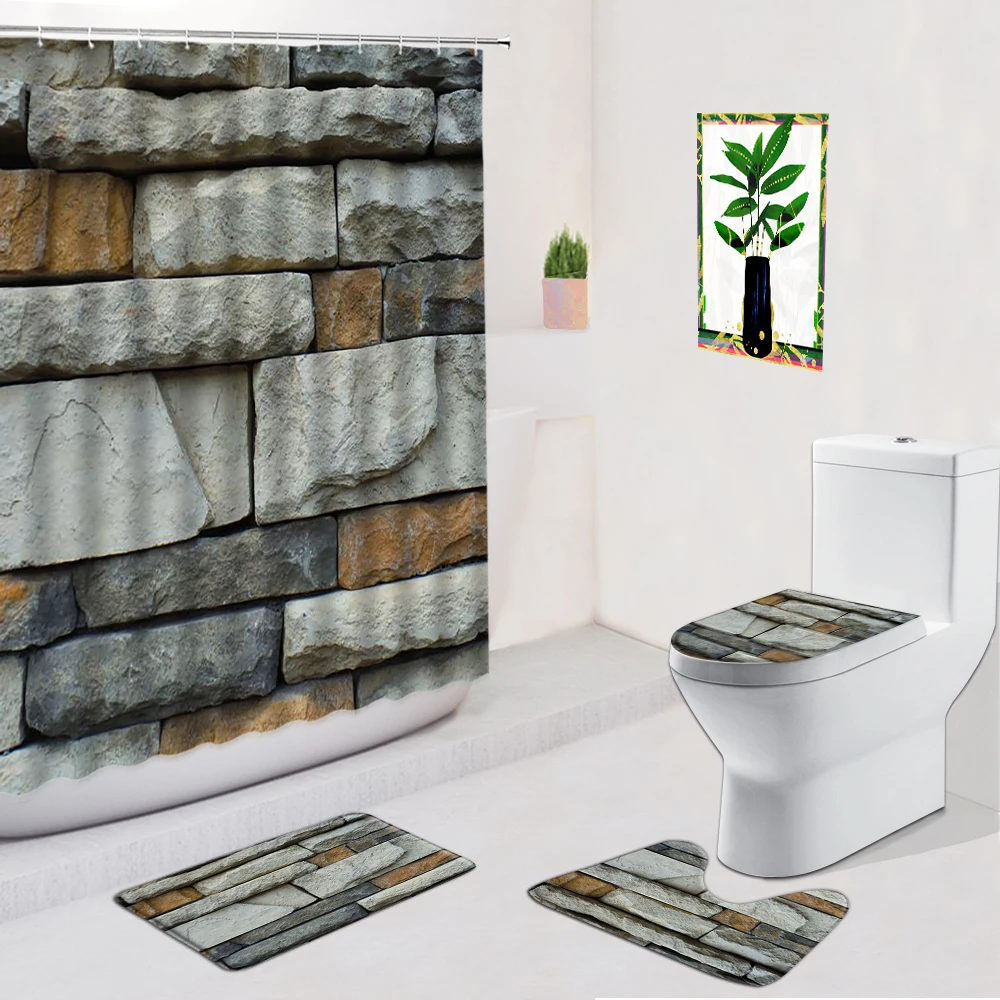 

Brick Stone Wall Shower Curtain Green Leaf Flower Bathroom Decor Non Slip Flannel Carpets Bath Mat Door Pad Toilet Cover Set