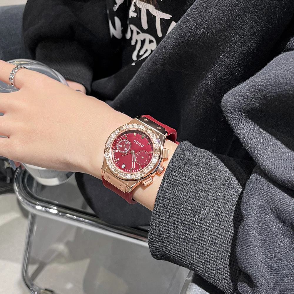 

GUOU Gold Plated Women Watch Quartz Silicone Strap Luxury Rhinestone Ladies Watches Waterproof Charm Female Wristwatches Clocks