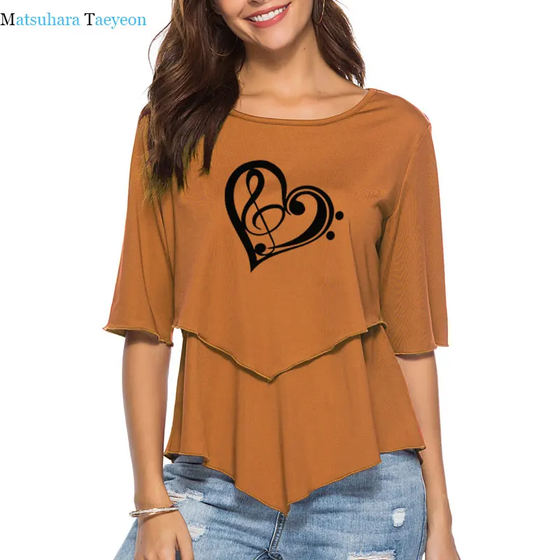 

Heart-shaped Music Print tshirt women Funny O-Neck Harajuku t shirt women Patchwork Hem Tee Tops summer new t-shirt